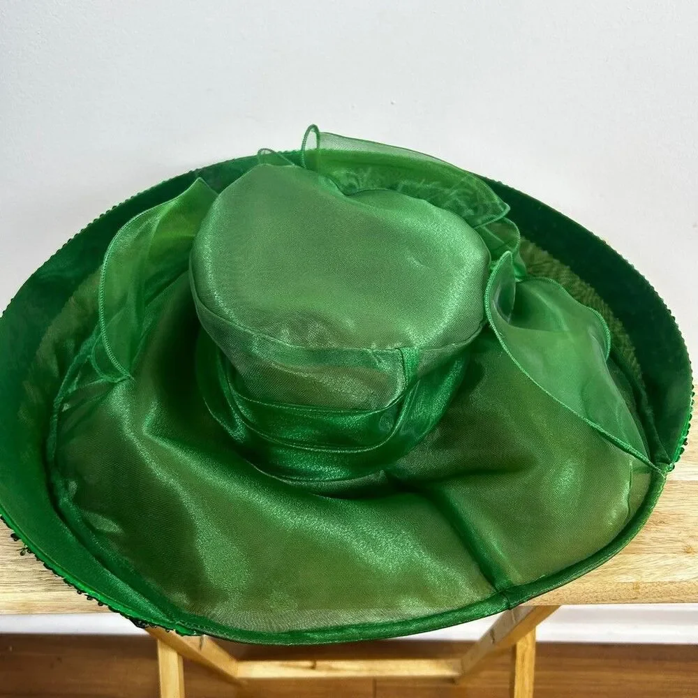 Ashro Womens Green Organza Church Hat Wide Brim Feather Beaded Trim Kentucky